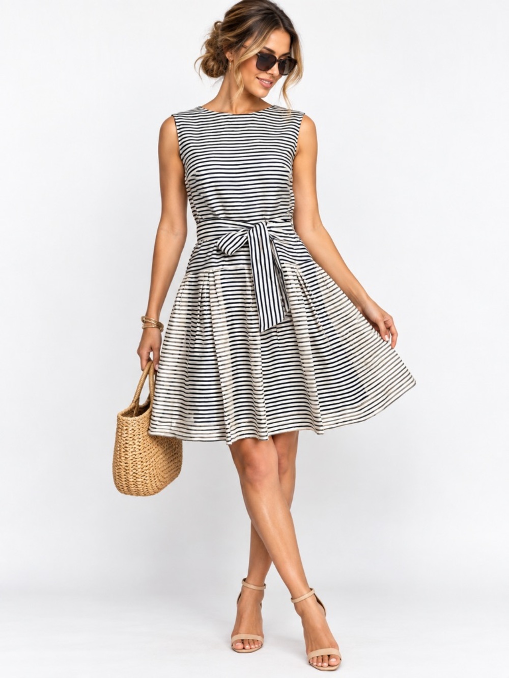 Shoshanna Black & White Striped Tie Waist Nautical Fit & Flare Mini Dress Size 4